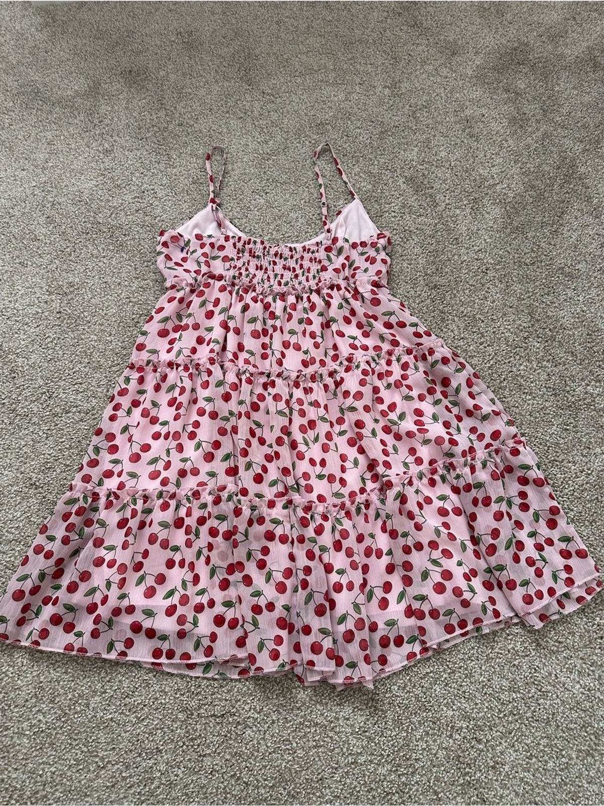 Trixxi Pink Cherry Print Tiered Babydoll Dress – Size M