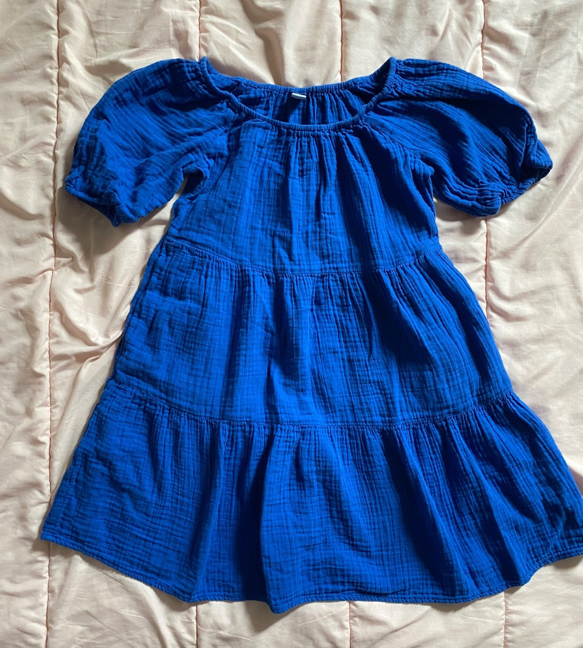 Old Navy Size S Royal Blue Tiered Puff Sleeve Cotton Gauze Mini Swing Dress