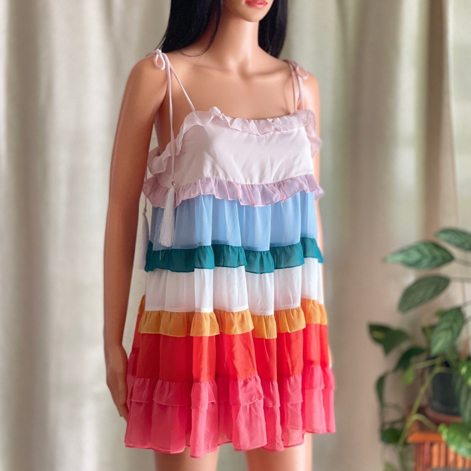 Rainbow Ruffled Tiered Babydoll Mini Dress Fairy Goddess Boho Festival Pride S
