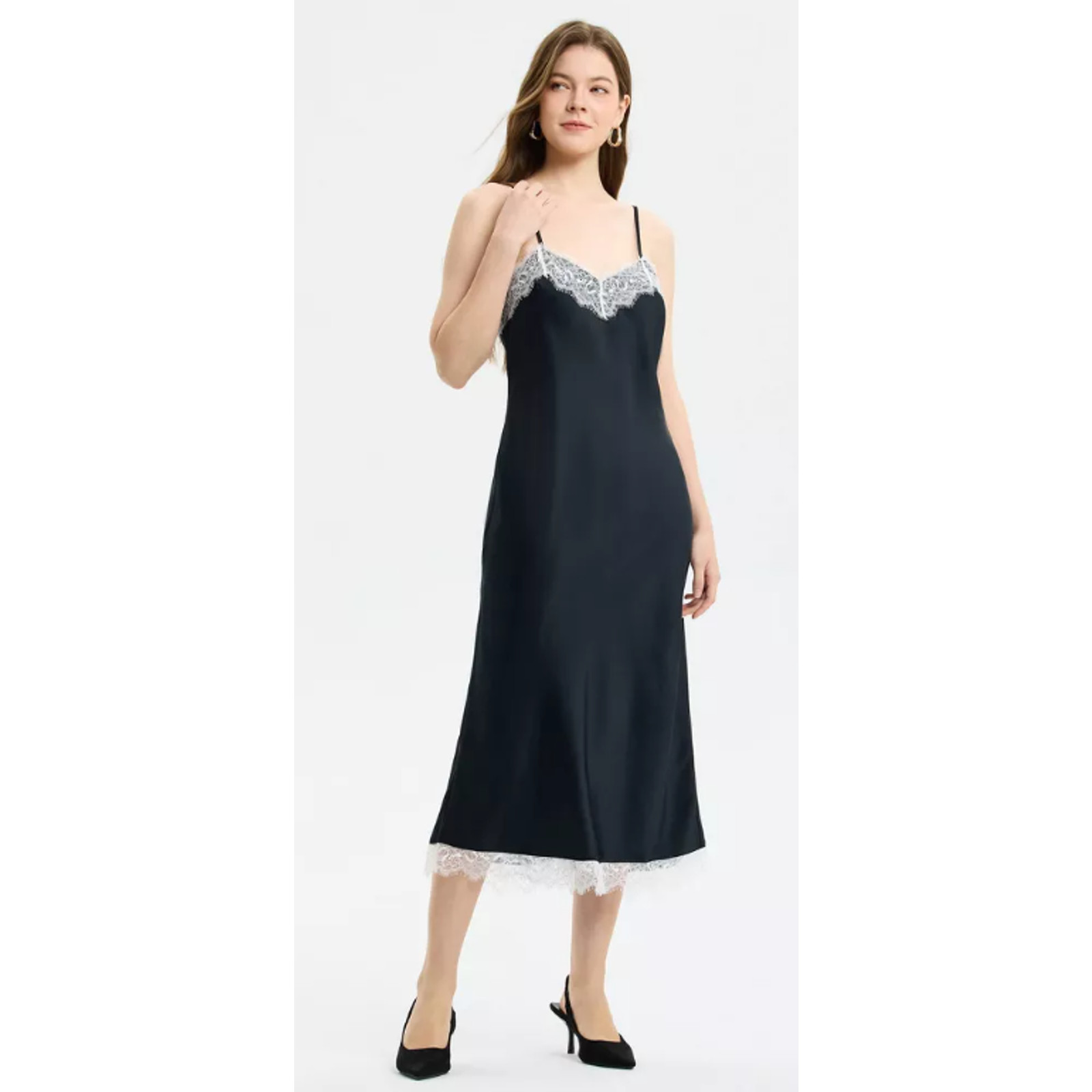 Wild Fable Sleeveless Lace Trim Satin Midi Slip Dress. XS