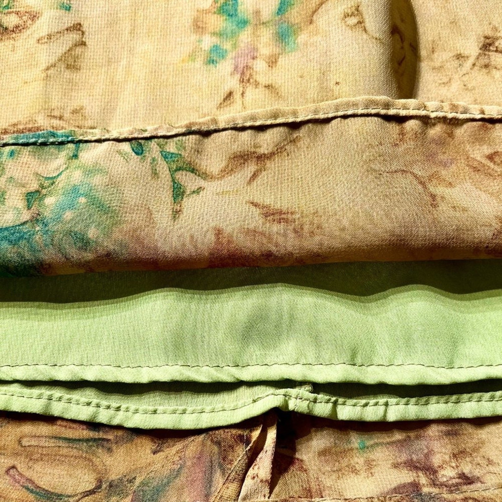 Earth Toned Water Color Print Tie-Front Elastic Waist Sheer Boho Dress Medium