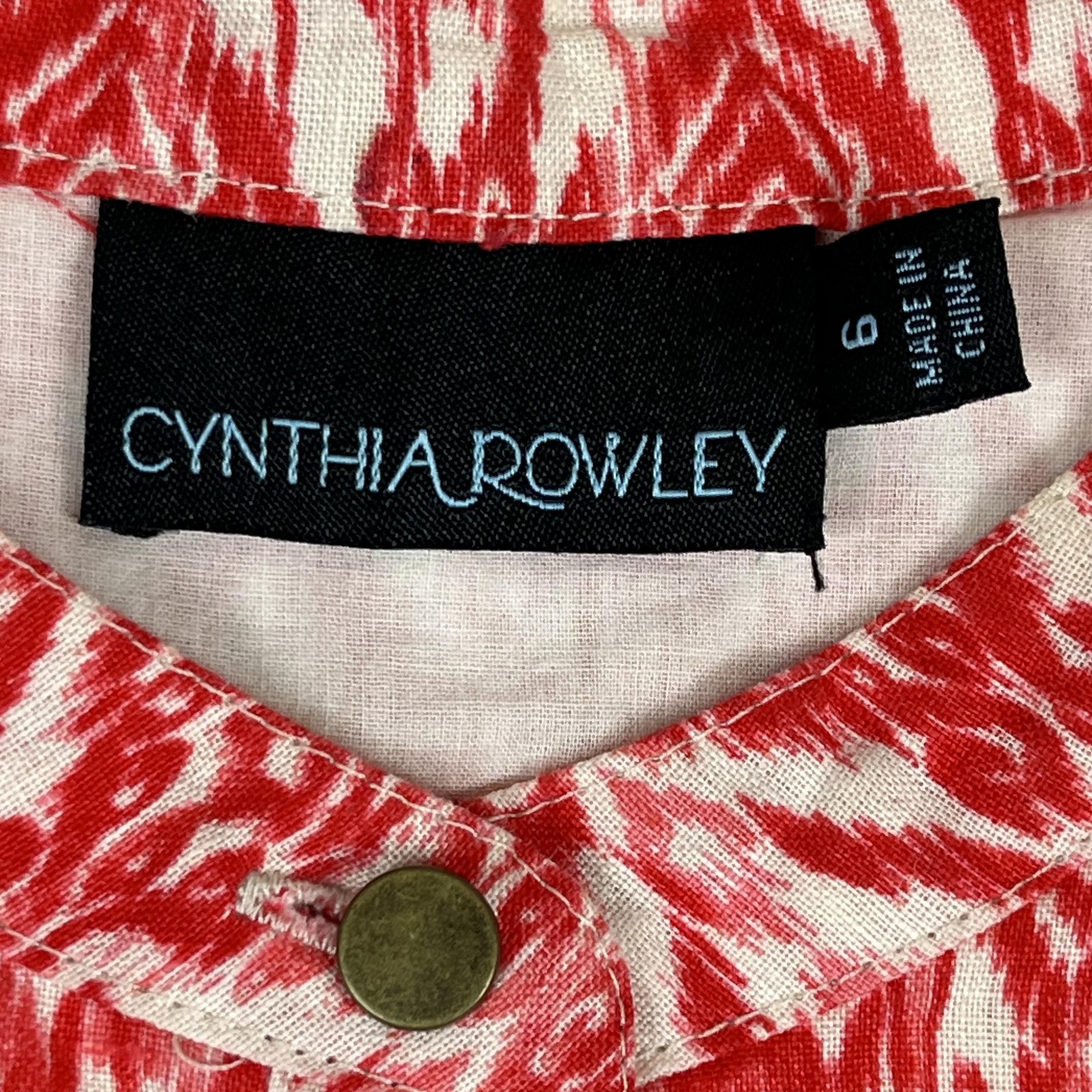 Cynthia Rowley Dress Womens 6 Red White Ikat Linen Sleeveless Belted Pockets