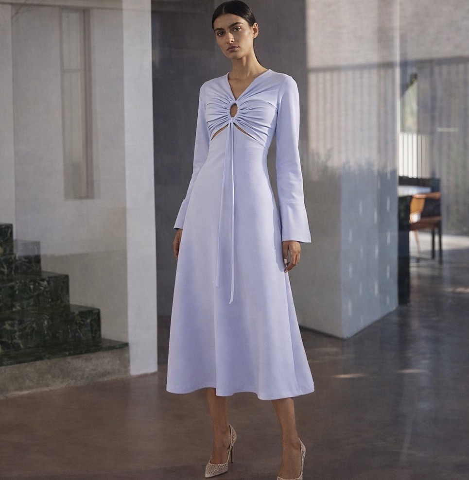 Scanlan Theodore Crepe Knit Keyhole Dress Size S Lilac Long Sleeves Lilac Midi