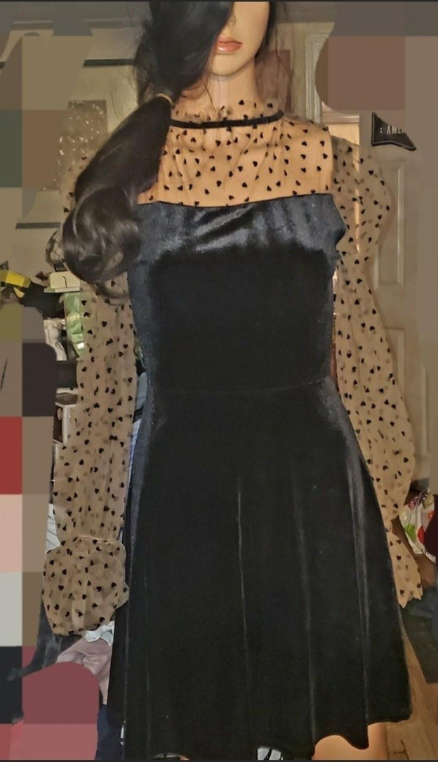 Black Velvet Fit & Flare Mini Dress Sheer Heart Print Mesh Sleeves High Neck S
