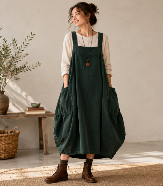 NWT Made in Italy Green Corduroy Barrel Midi Jumper Dress O/S Lagenlook Artsy