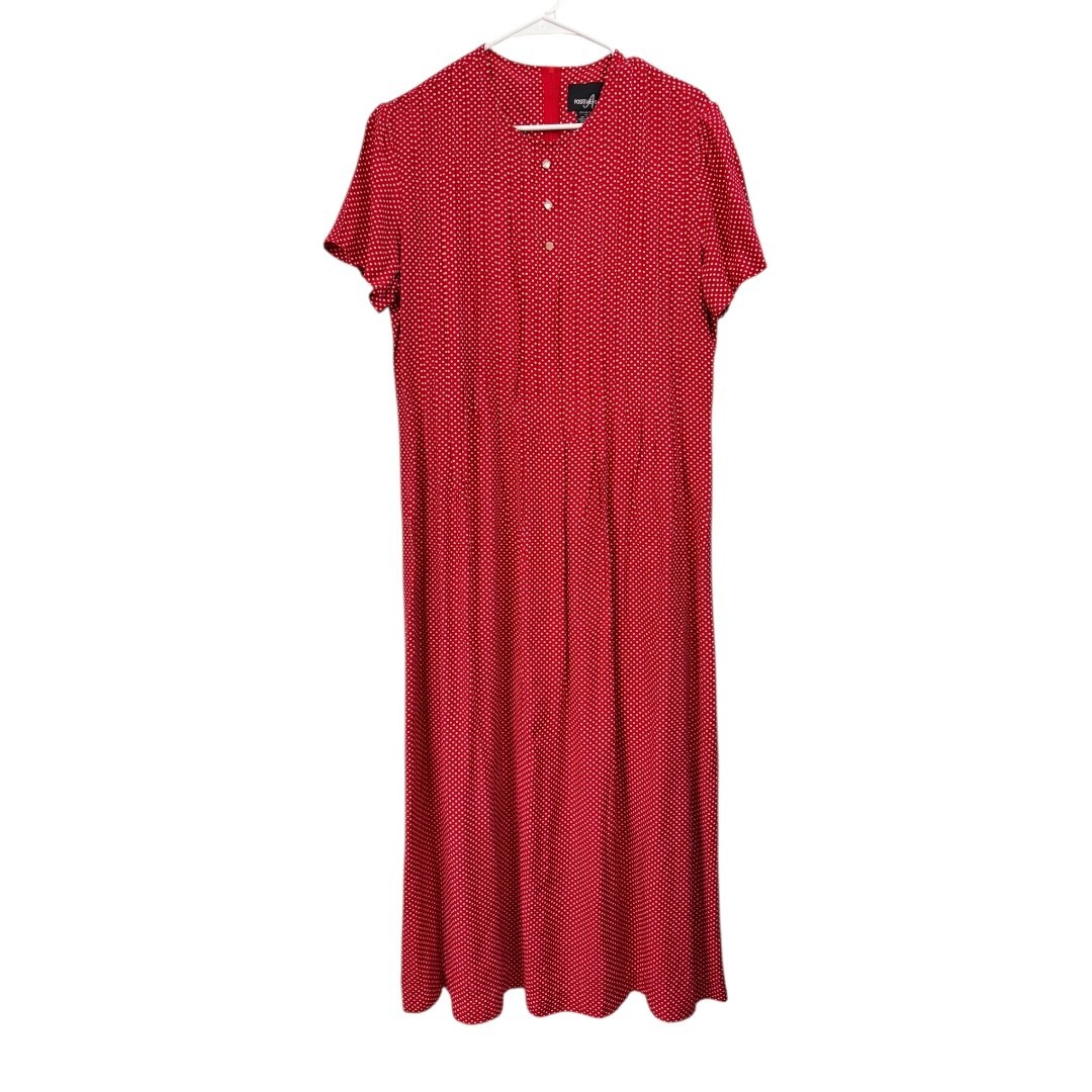 90s Positive Attitude Size 14 Red White Polka Dot Midi Dress Pintuck Back Tie