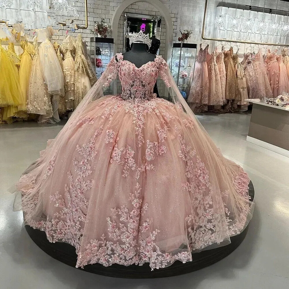 Pink princess Quinceanera Dresses 3D Flower Applique Lace-up Corset Cinderella