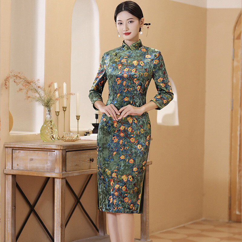 Women Autumn Winter Qipao Dress Chinese Short Velvet Cheongsam Dance Party Gown