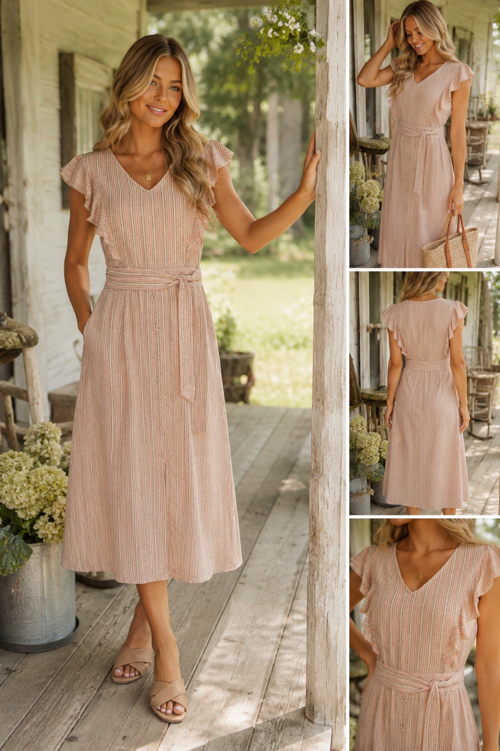 Skies Are Blue Linen Cotton Stripe Midi Dress Belted Flutter Sleeve M Minimalist