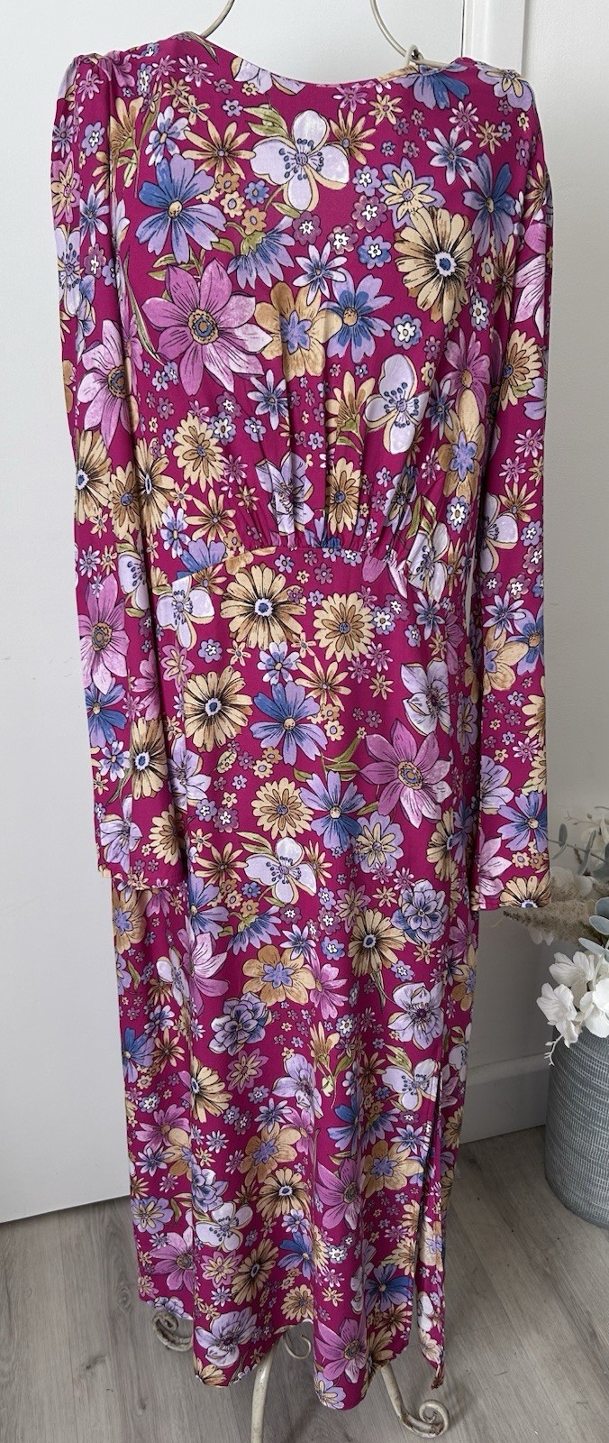 Nobody’s Child Magenta Floral Maxi Dress With Open Tie Back UK 16