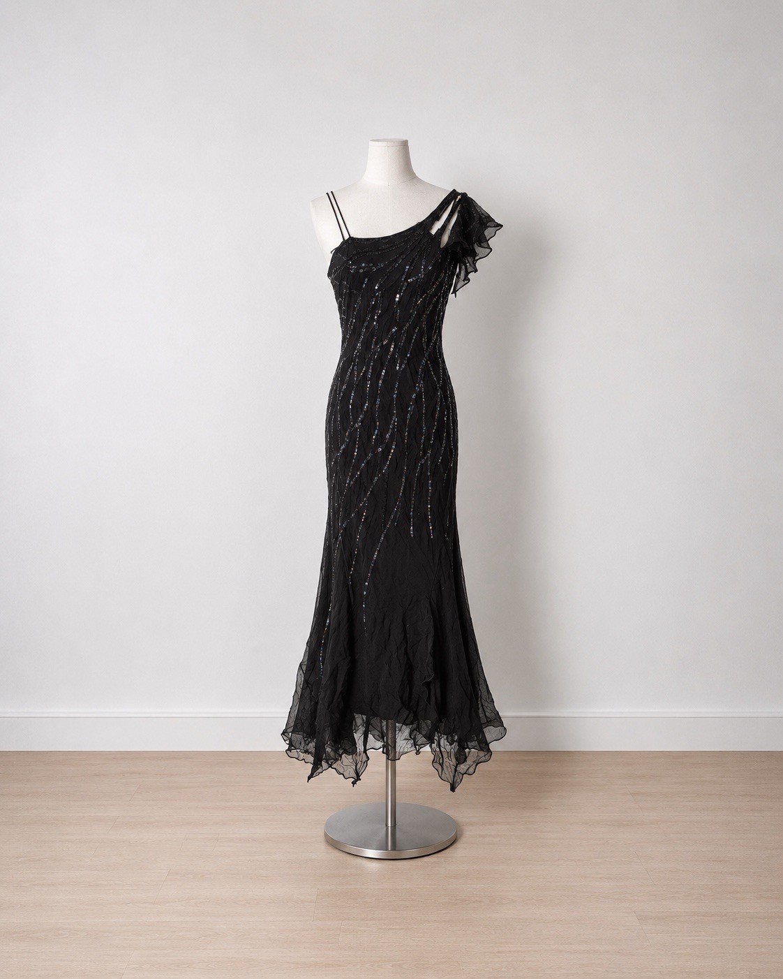 Y2K Vintage Black Silk Dress with White Floral Beaded Size Small