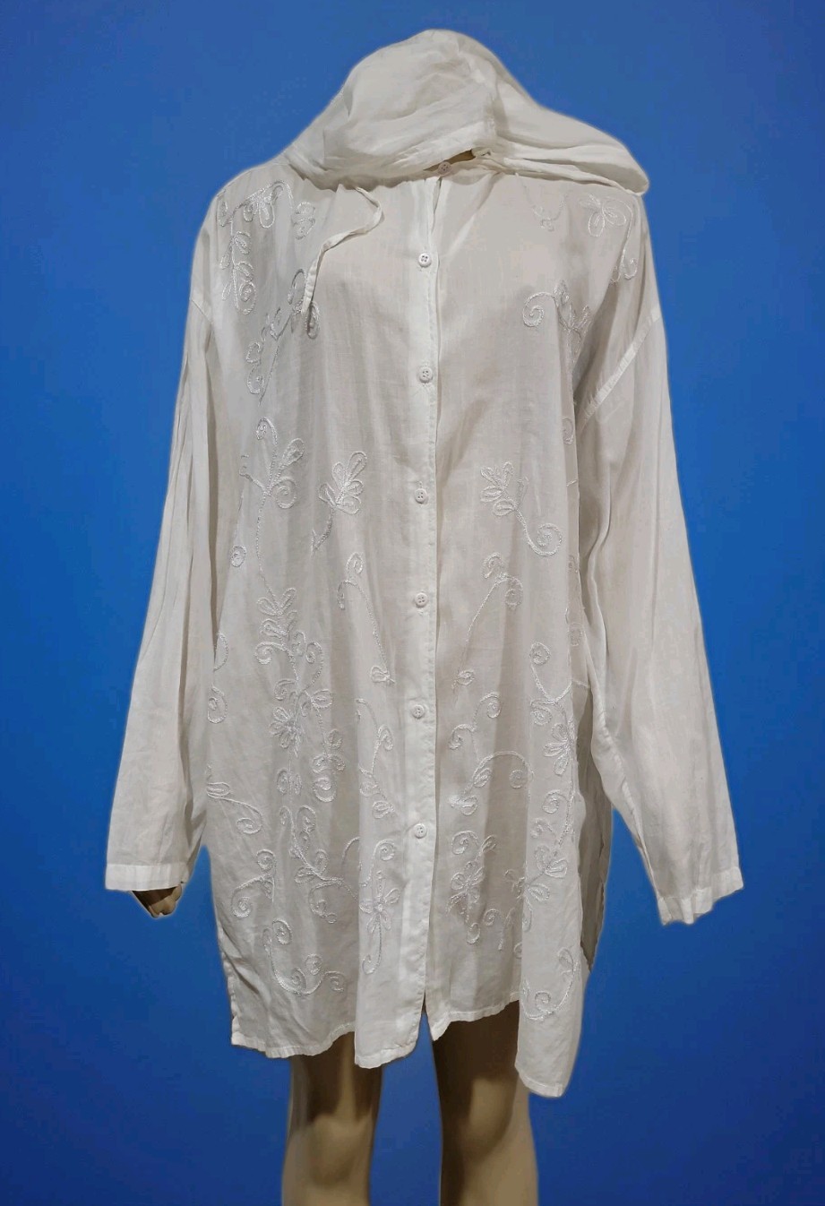 LA FEMME Women’ 1X cotton button up Cover Up with hood Embroidery oversized #AA