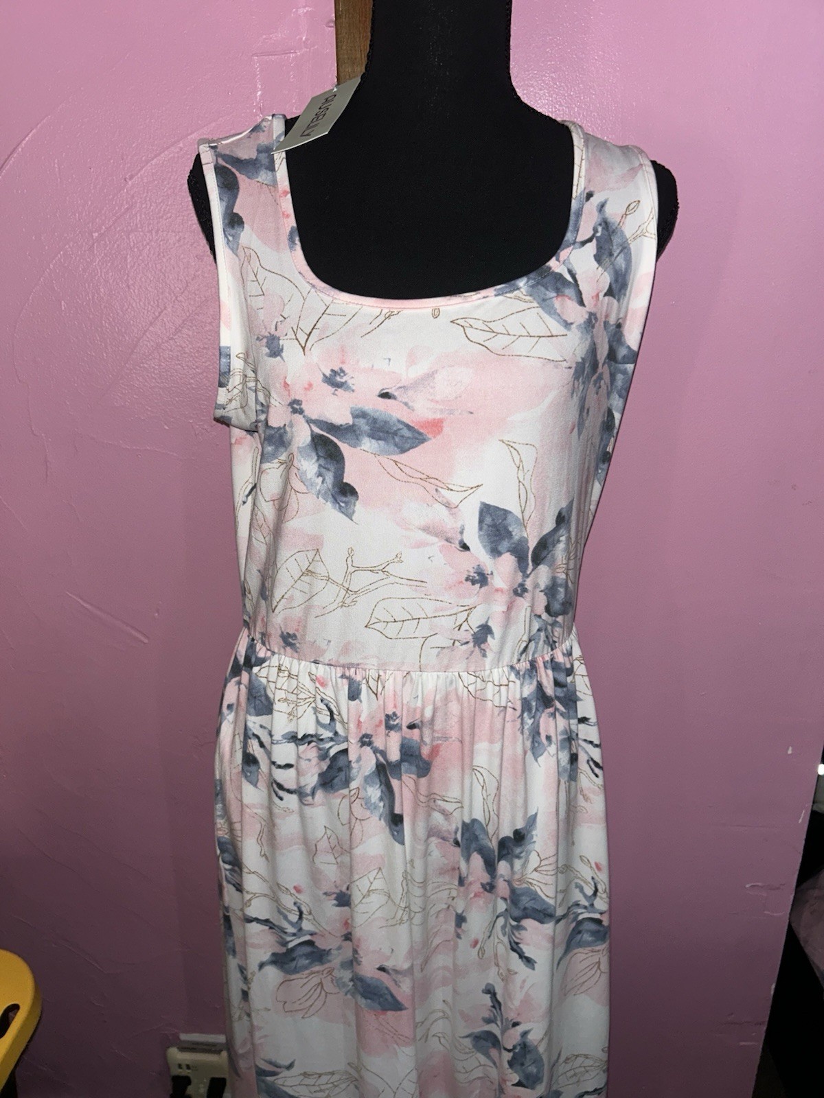Ouselily Pink Floral Bird Scoop Neck Sleeveless Strappy Midi Dress, L