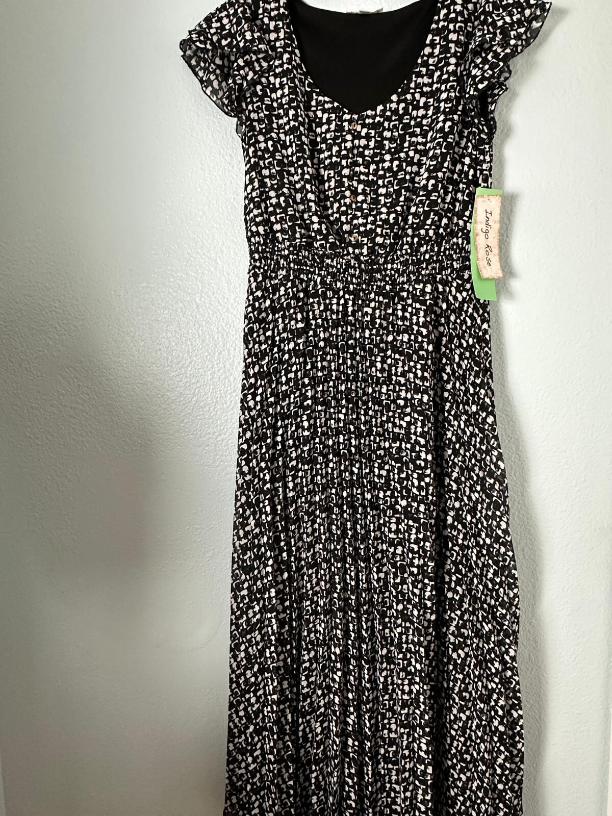 Indigo Rose Midi Dress Womens PS Black/White Print Flutter Sleeve Boho Casual