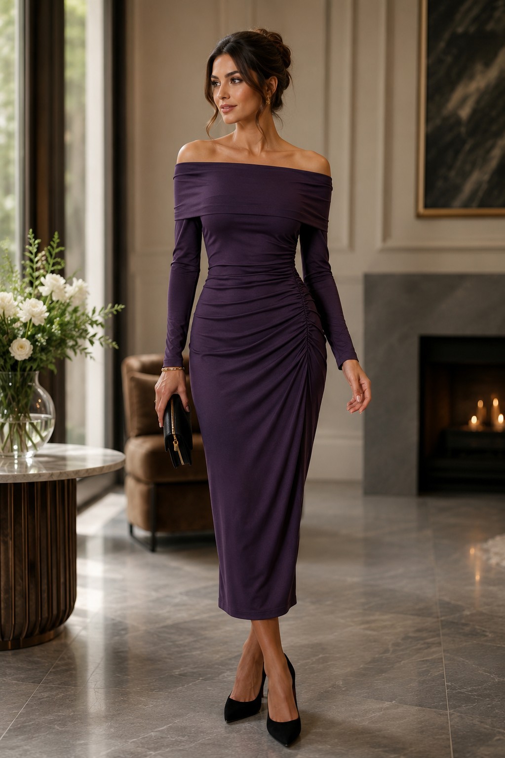 NWT Women Small Elegant Off The Shoulder Maxi Dress Purple Stretch Knit Fabric
