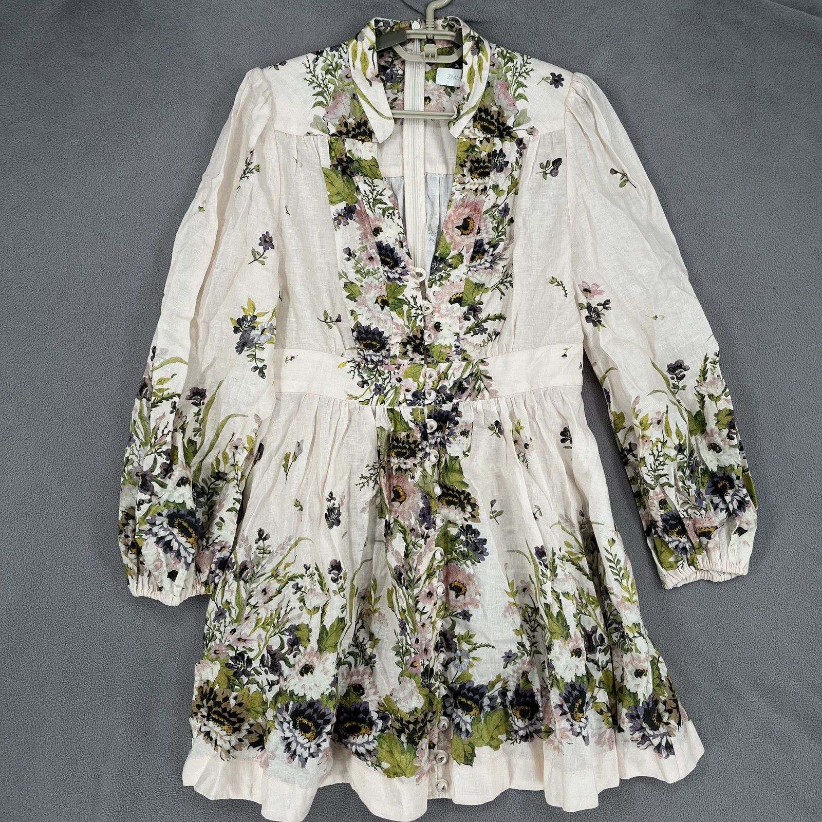 Zimmermann Dress Womens 2 Beige Green Ivory Linen Floral Halliday Plunge Button