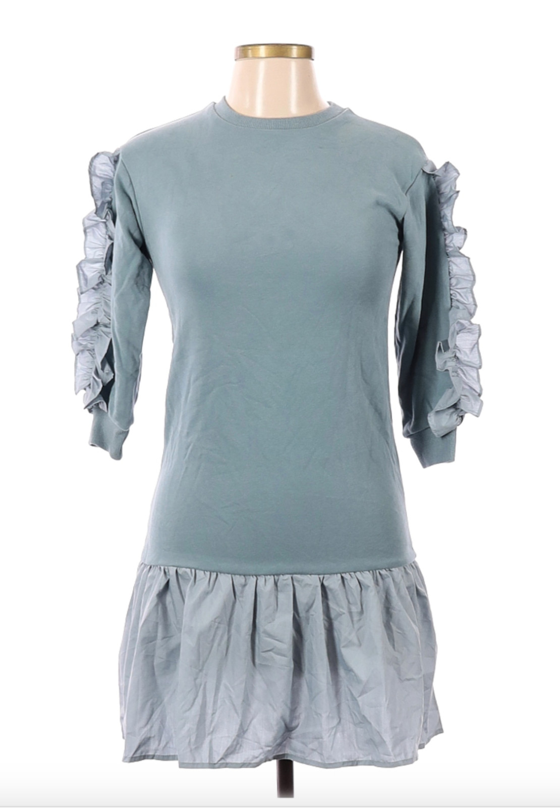 NEW K-Pop Shirt Dress Womens Medium Light Blue 3/4 Ruffle Sleeve Tunic Mini Dres
