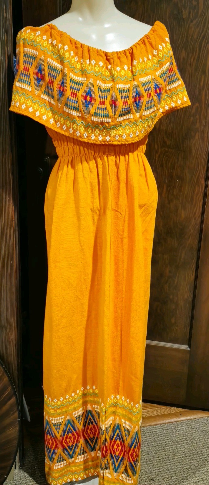 Vintage Orange Embroidered Off the shoulder Dress Mexican Guatemala Boho Sz S2