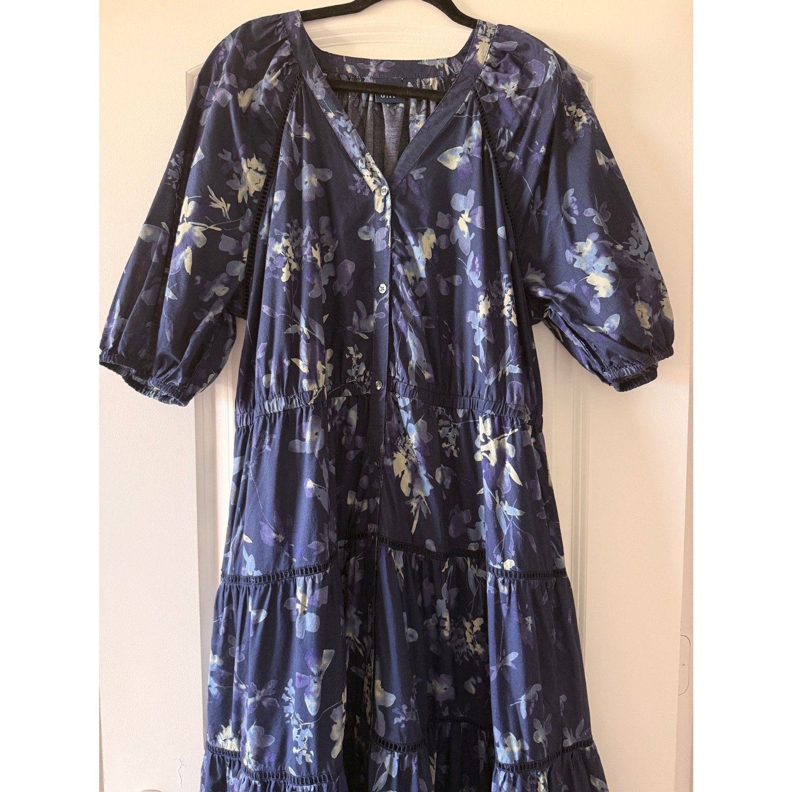 Gap Puff Sleeve Tiered Button Midi Dress XL Tall Blue Floral Cotton Fall 2024