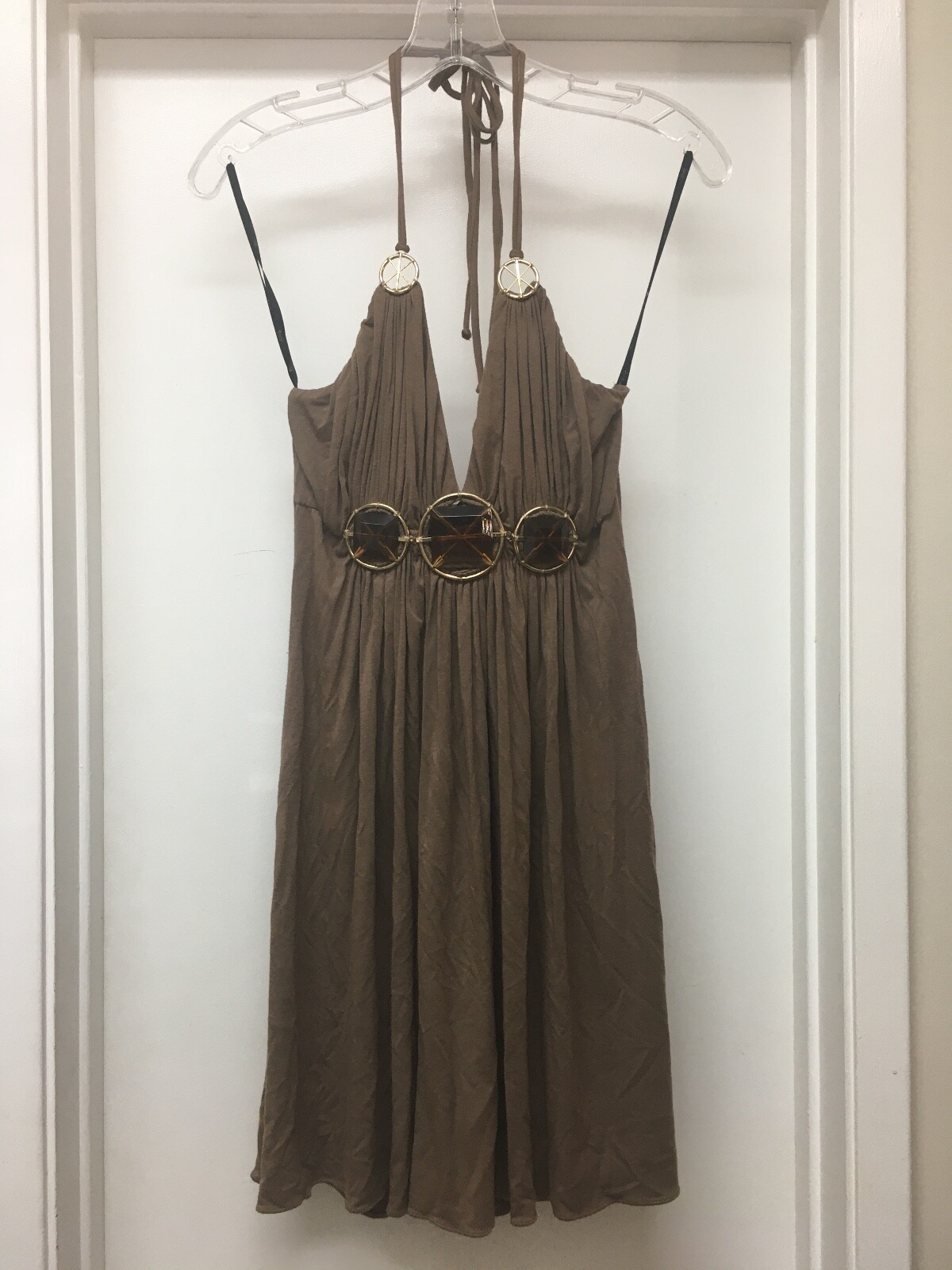SKY BRAND Brown Halter Dress with Gold Hardware & Stones Sz Small