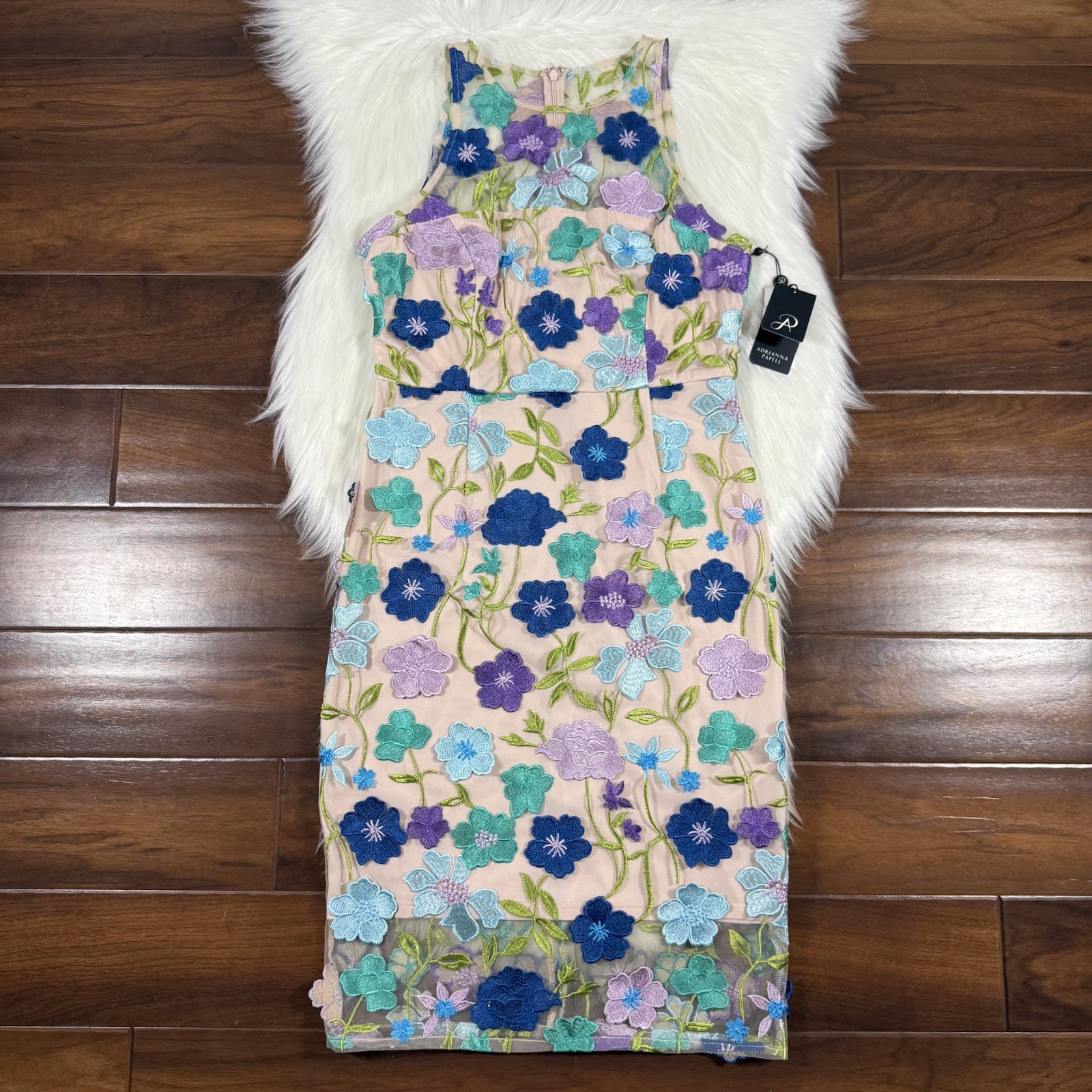 Adrianna Papell Women’s Size 6 Floral Embroidered Column Mesh Midi Dress