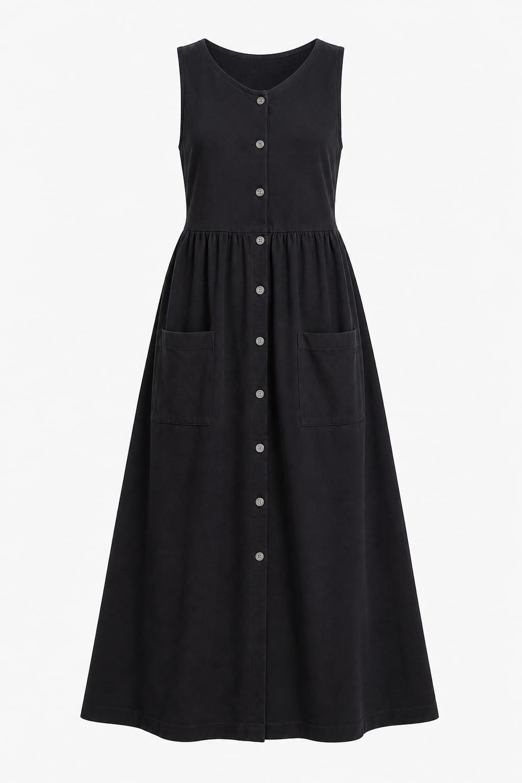 Vintage 1990s Black Cotton Sleeveless Dress Ankle Length Minimalist M