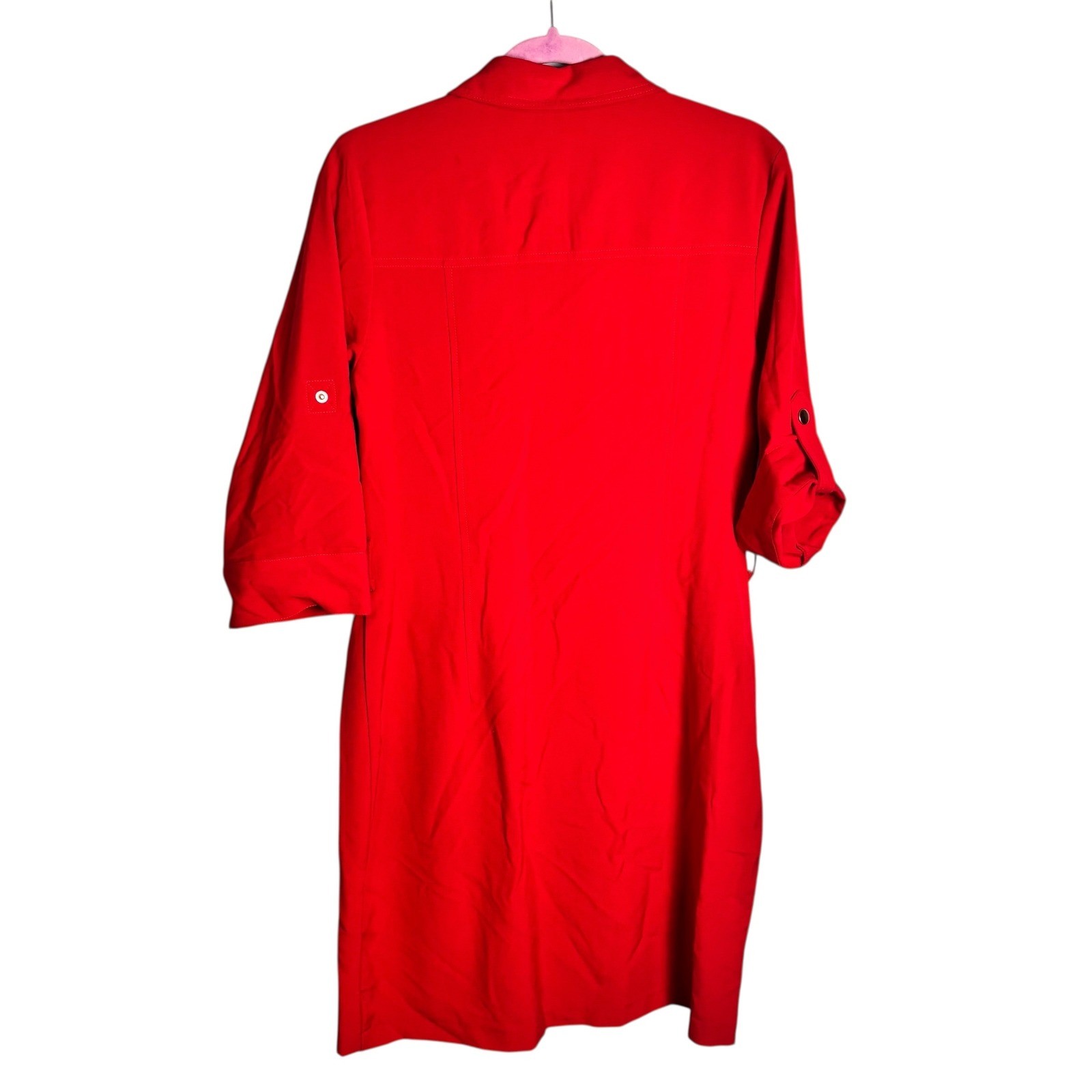 SHARAGANO Red Utility Zip Front Shirt Dress Roll Tab Sleeves Pockets Size 10