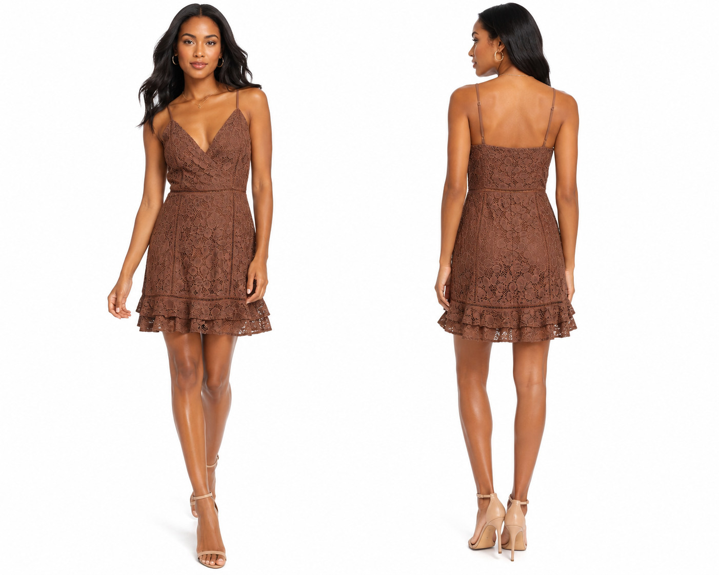 Lulus XL Floral Lace Surplice Mini Dress Brown Ruffle Hem Lined Adjustable Strap