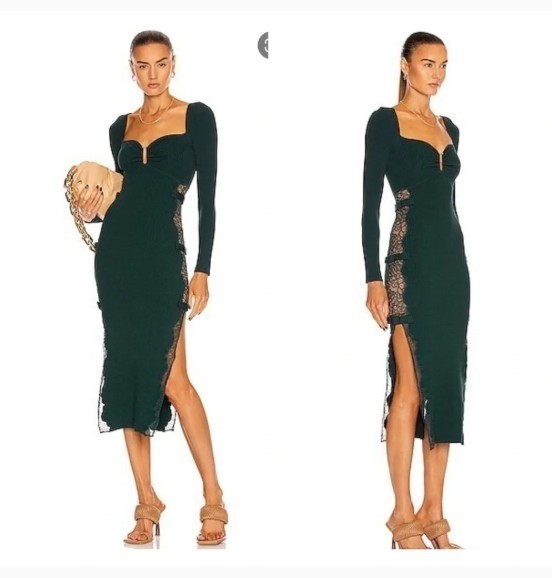 Self-Portrait Forest Green Lace Cutout Ribbed Bodycon Midi Dress M. RP $585