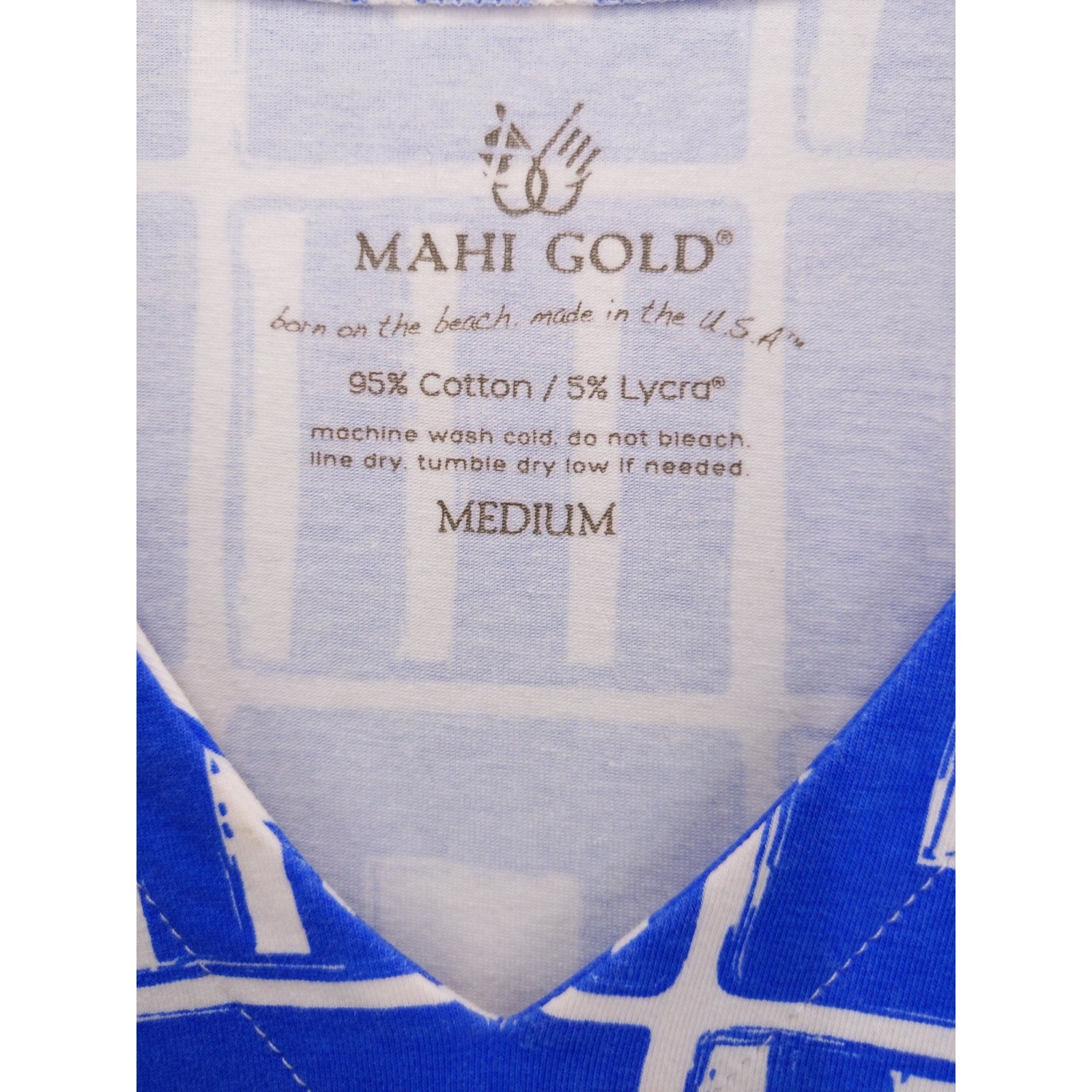Mahi Gold Dress Women M Blue White Geometric Tile Print V-Neck 3/4 Sleeve USA