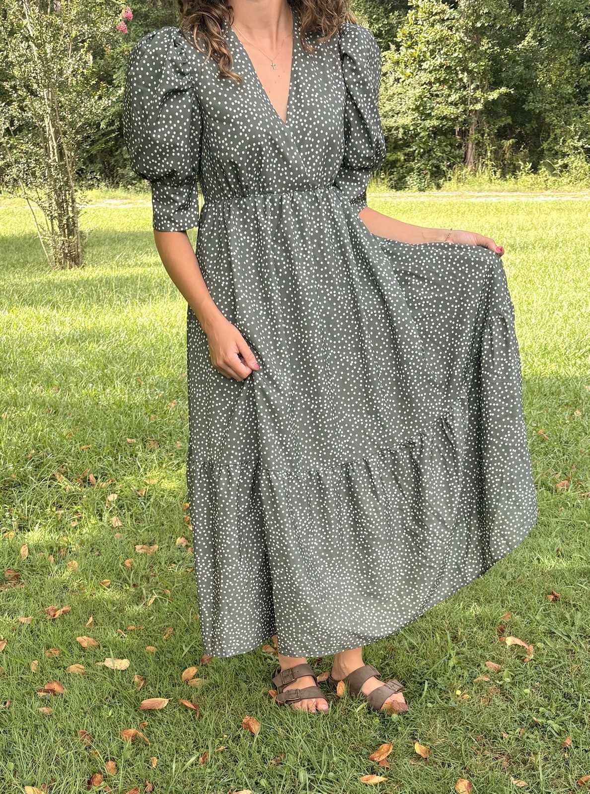 o.p.t Green/White Polka Dot Smocked Puff Sleeve V-Neck Midi Dress S