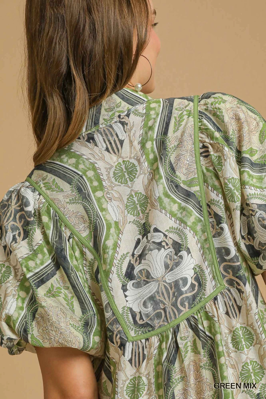 Umgee Green Multi Abstract Print Midi Dress Smocked Yoke Short Balloon Sleeves
