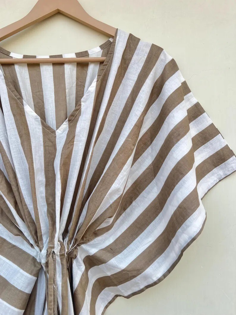 Indian Brown Striped Sleepwear Cotton Kaftan Dressing Maxi Gown Dress Kaftan US