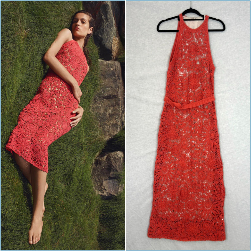 Scanlan Theodore Red Crochet Dress Belted Size Medium + Slip Long