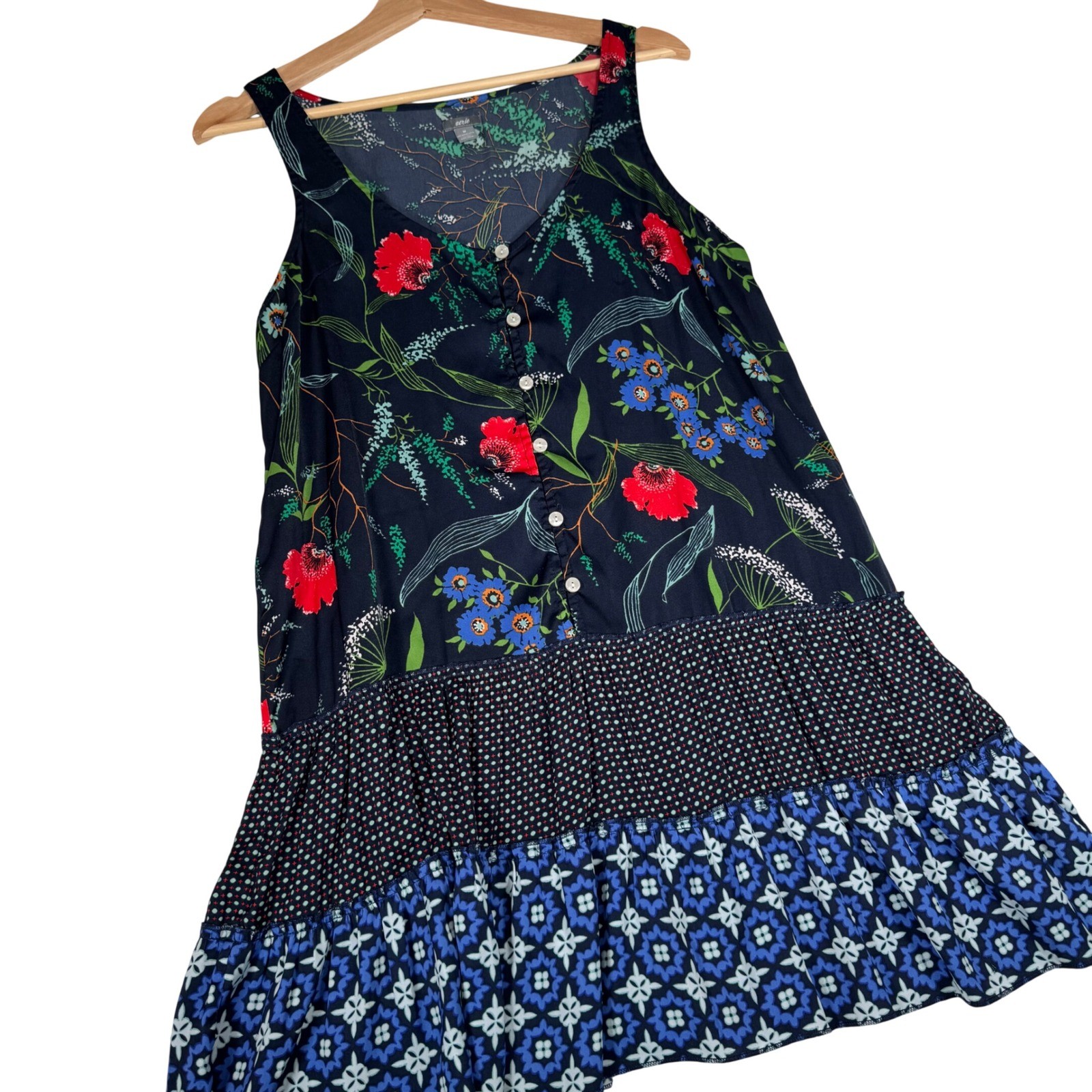 Aerie Floral Ruffle Hem Tank Dress Mini Navy Blue Red Flowers Size M