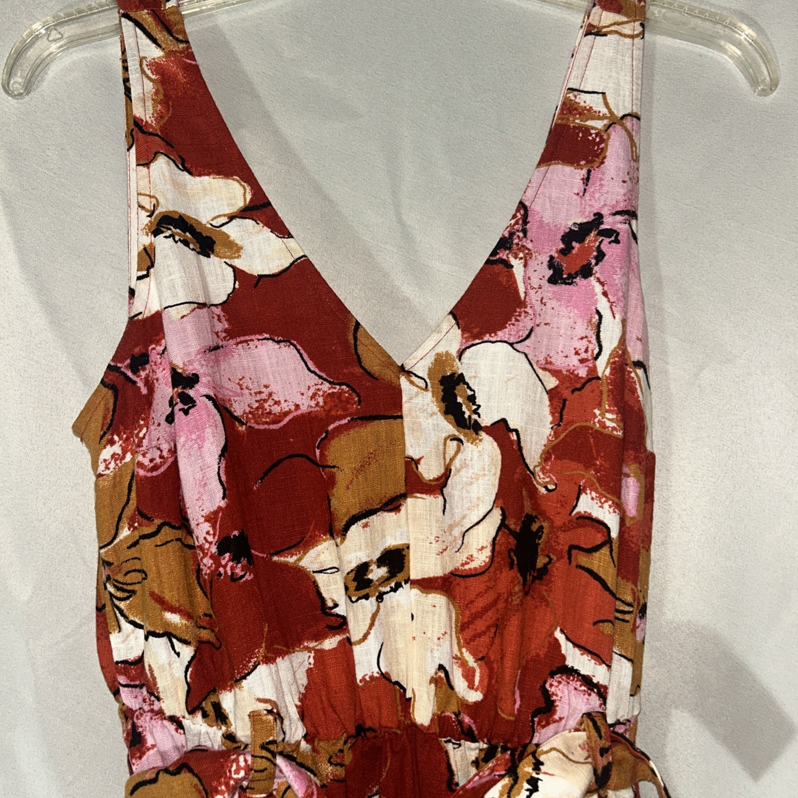Nine West Women’s LINEN BLEND Floral Midi Dress V-Neck Sleeveless Multicolor S