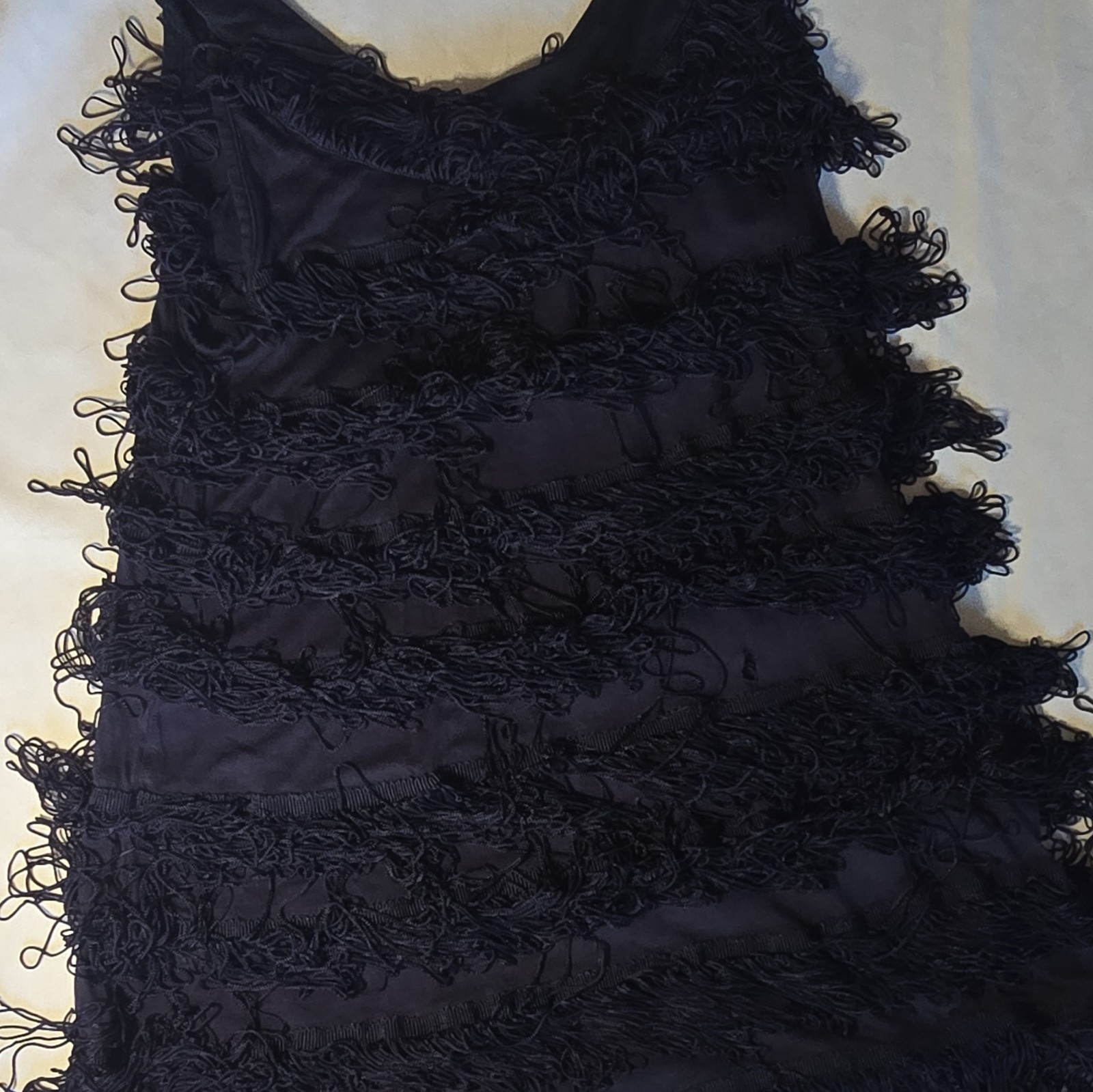 H&M Black Fringe Sleeveless V-Neck Mini Dress Zip Closure Size 36 Viscose