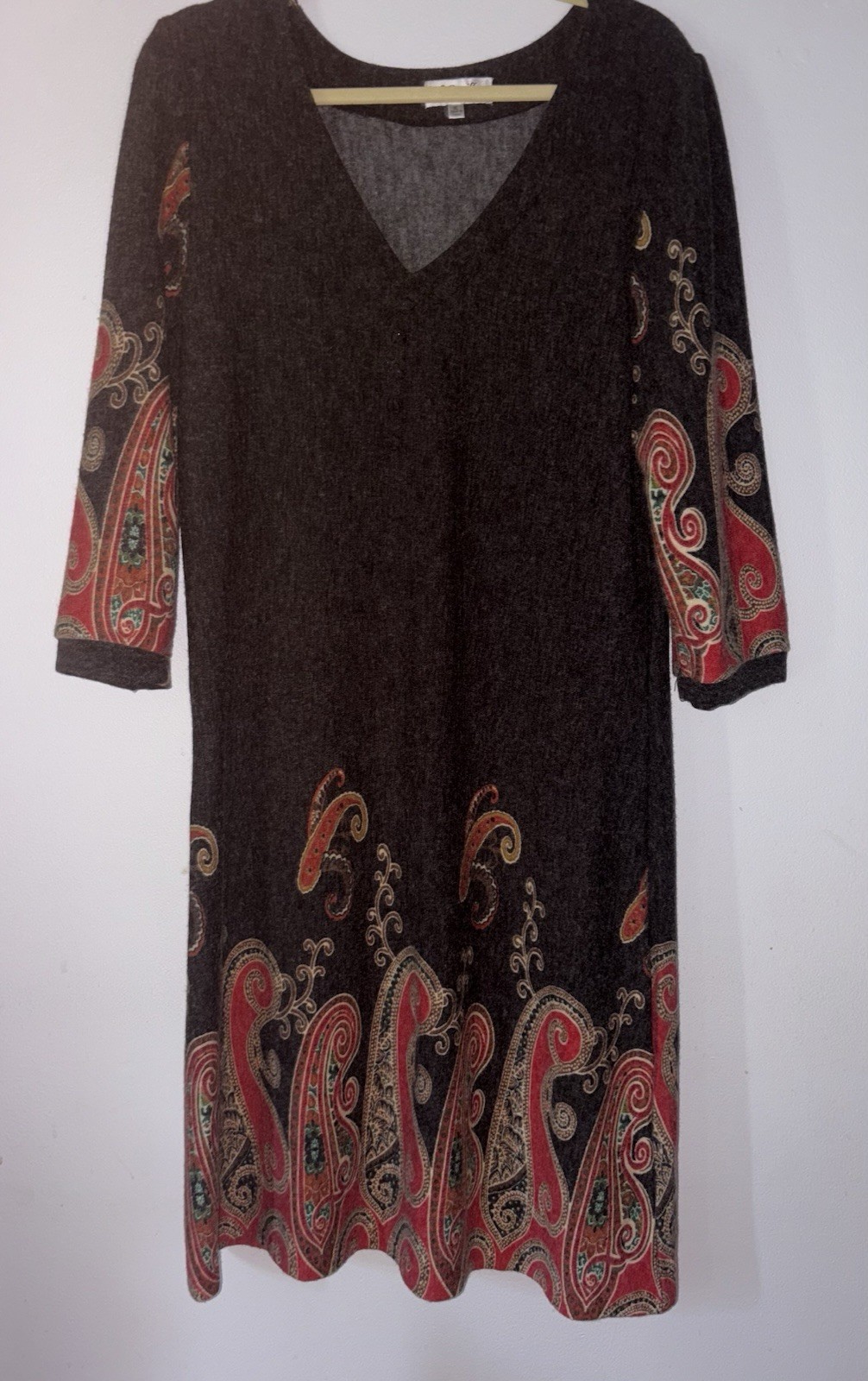 Papillon Midi Sweater Dress Gray With Paisley Design 3/4 Sleeve Pullover XL