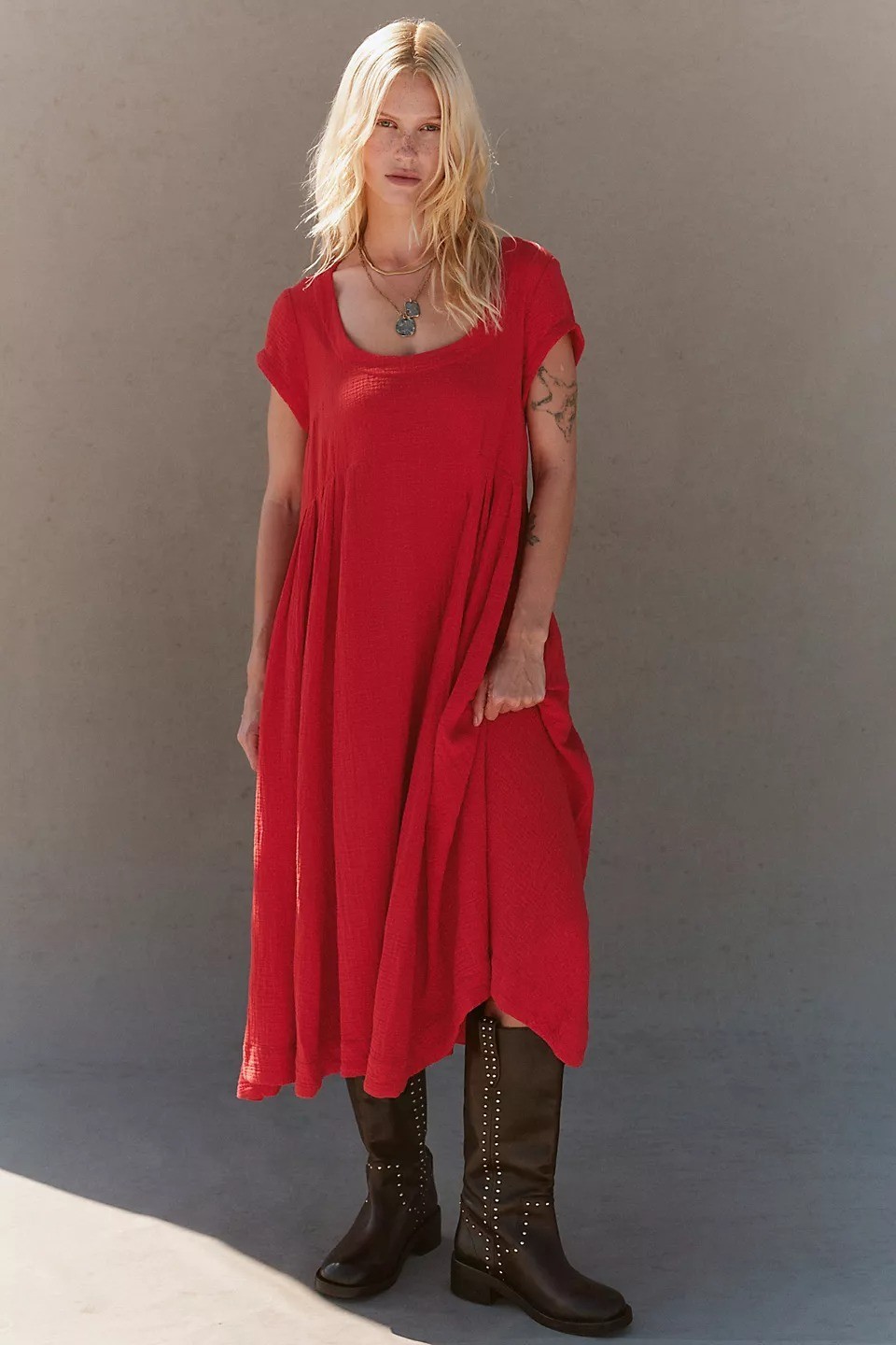 Free People Free-Est Blaine Midi Dress Cap Sleeve Fiery Red Scoop Neck S 288432