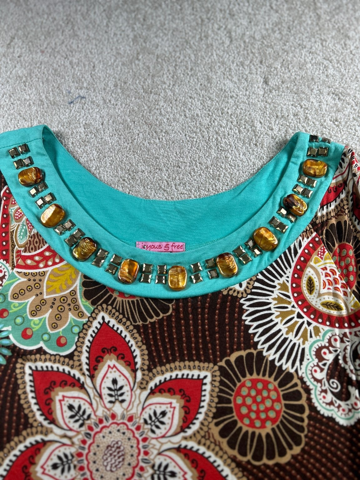 Joyous & Free Women’s Medium Brown Paisley Jewel Neck Dress Mod Retro Nostalic