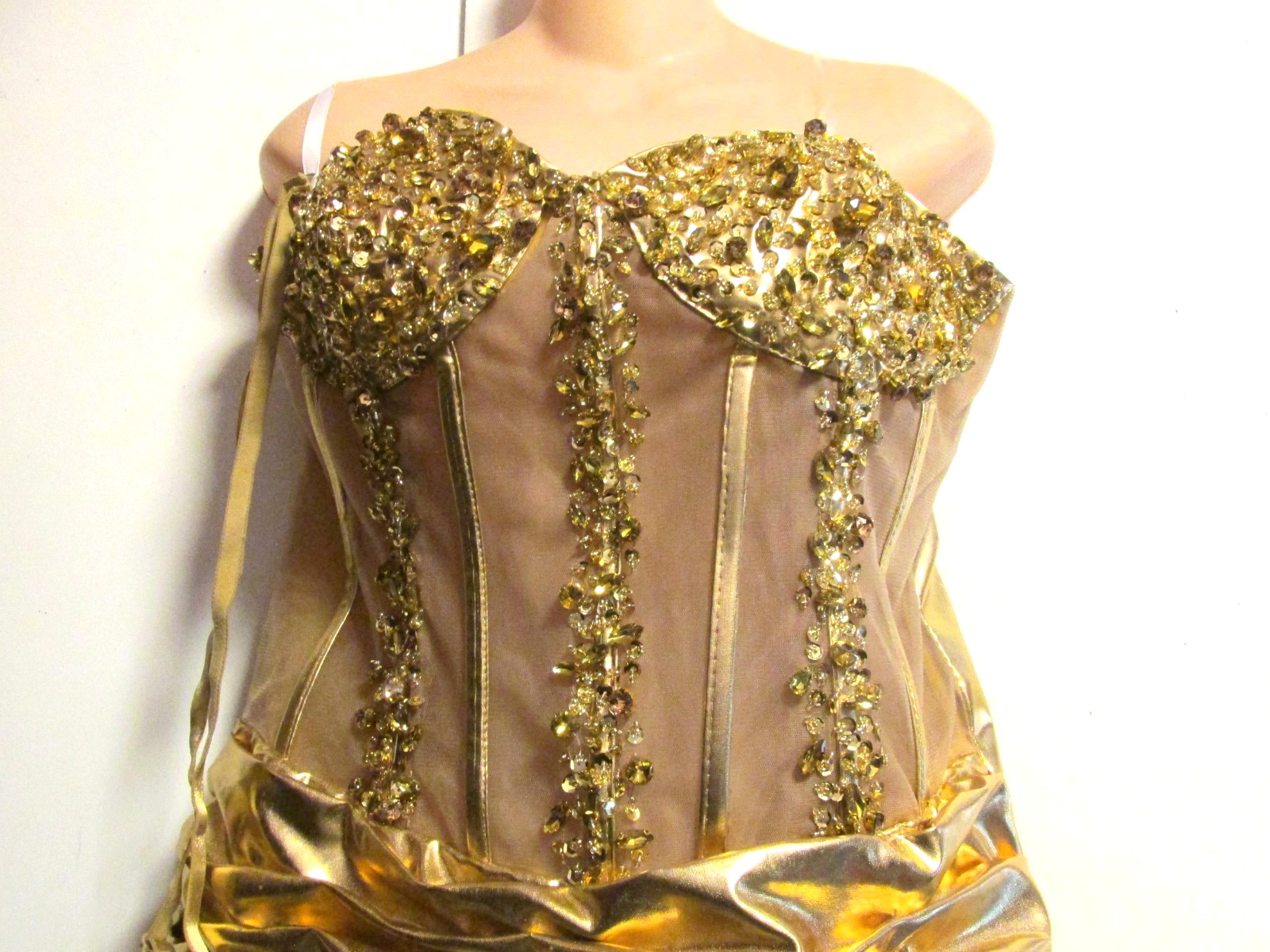 Showgirl Jeweled Tiara & Gold Beaded Mesh Corset Rhinestone Bodice Mini Dress- L