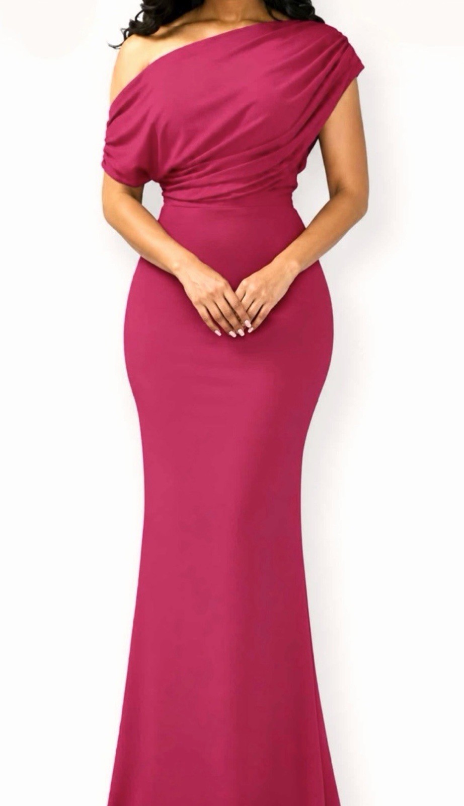 Pink One or Off Shoulder Draped Bodycon Maxi Dress Women’s Stretch M