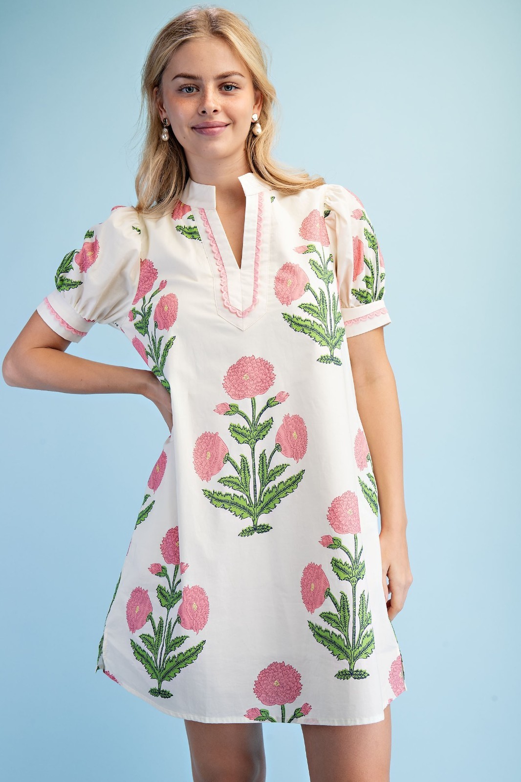 Gigio by Umgee Pink Floral Print Notch Neck Dress with Decorative Trim Details