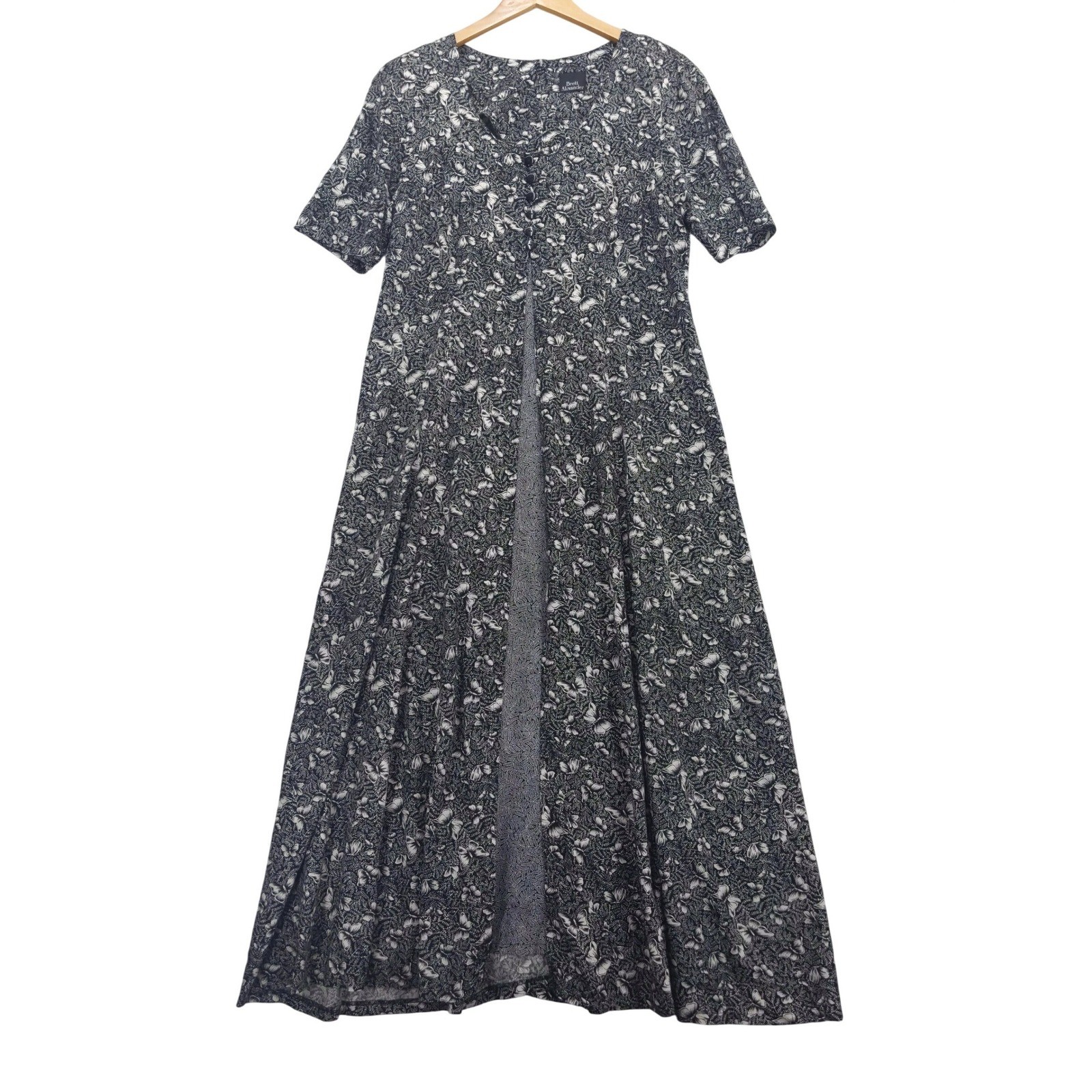 vtg 90s Brett Alixander Rayon Maxi Dress M/L Faux Open Button Front Butterfly