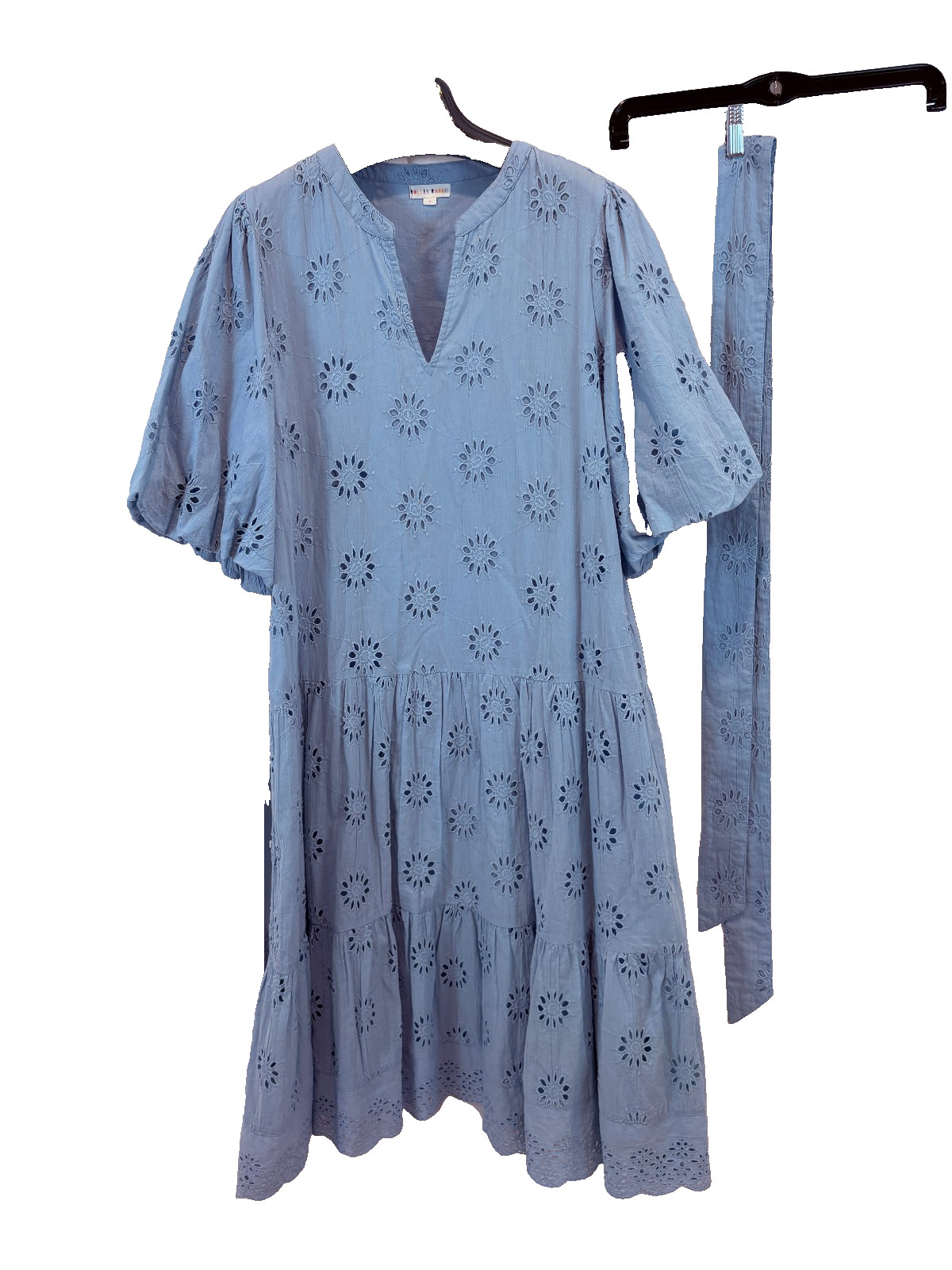 Roller Rabbit Med Light Blue Valonia Embroidered Eyelet Dress Puff Sleeves Tie