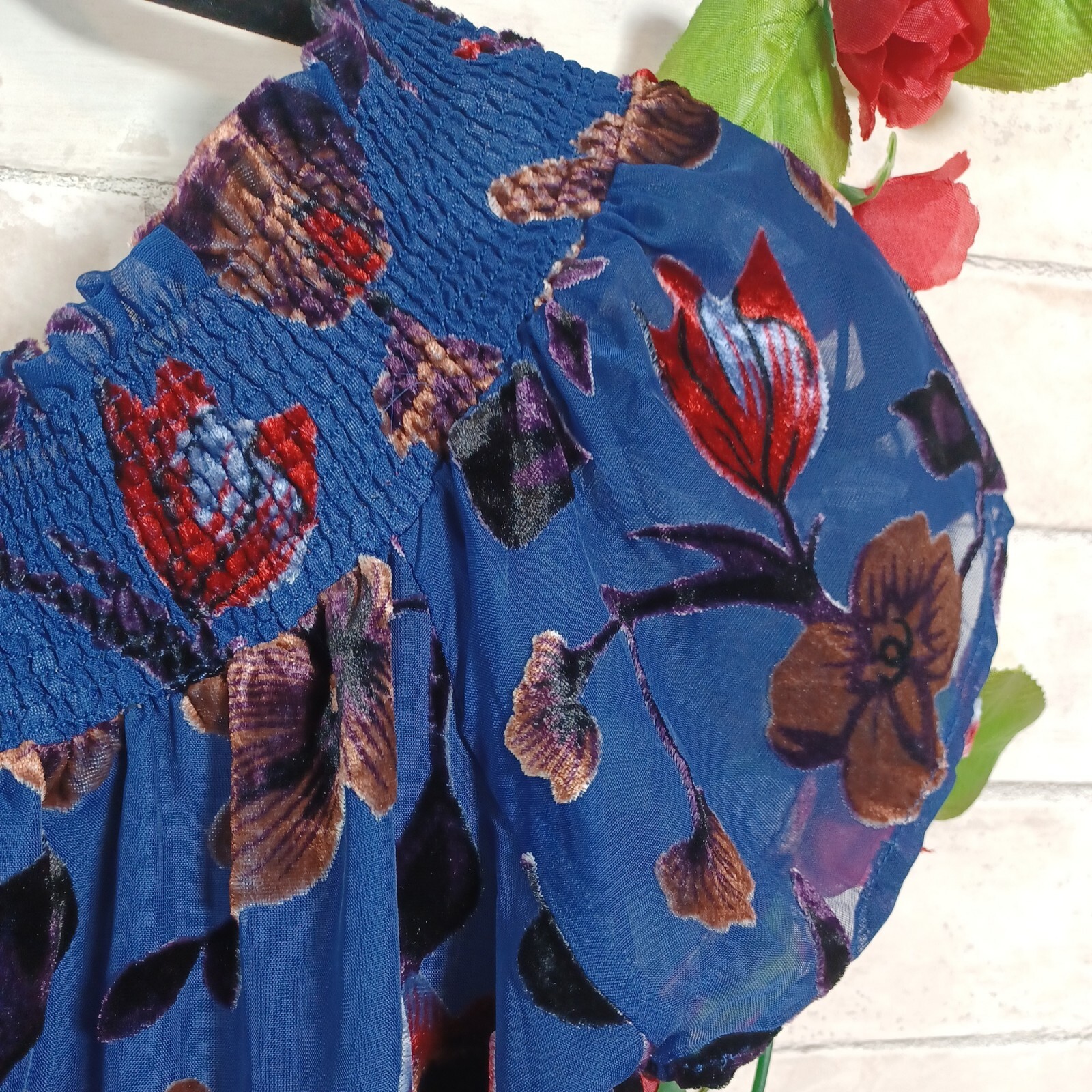 En Creme Size S Short Mini Velvet Burnout Roses Dress Navy