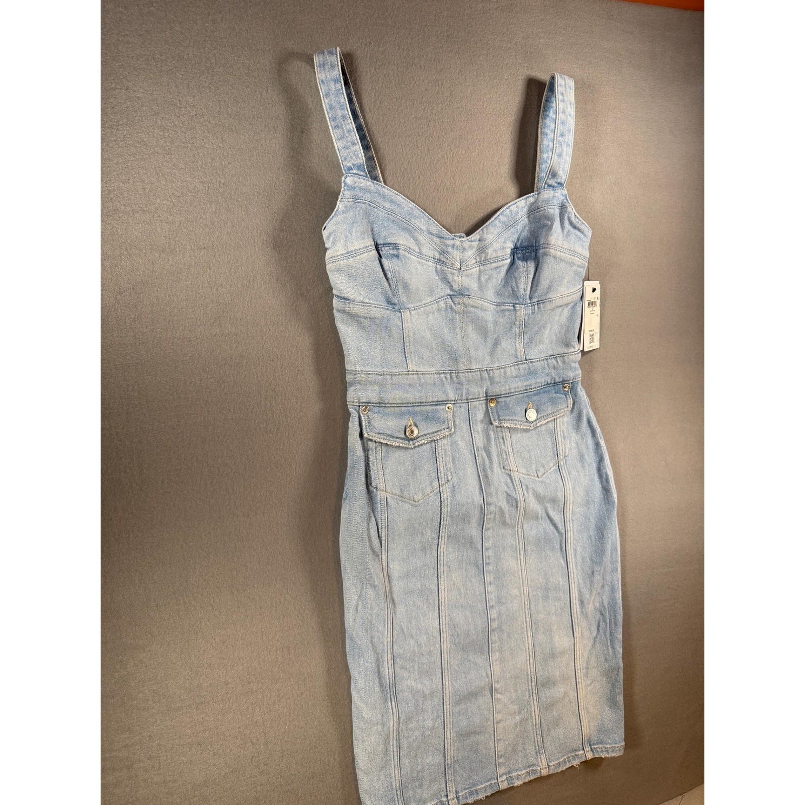GUESS Lidia Denim Dress Light Star Blue Bodycon Mini Sweetheart Neck W4YK02D5DX2