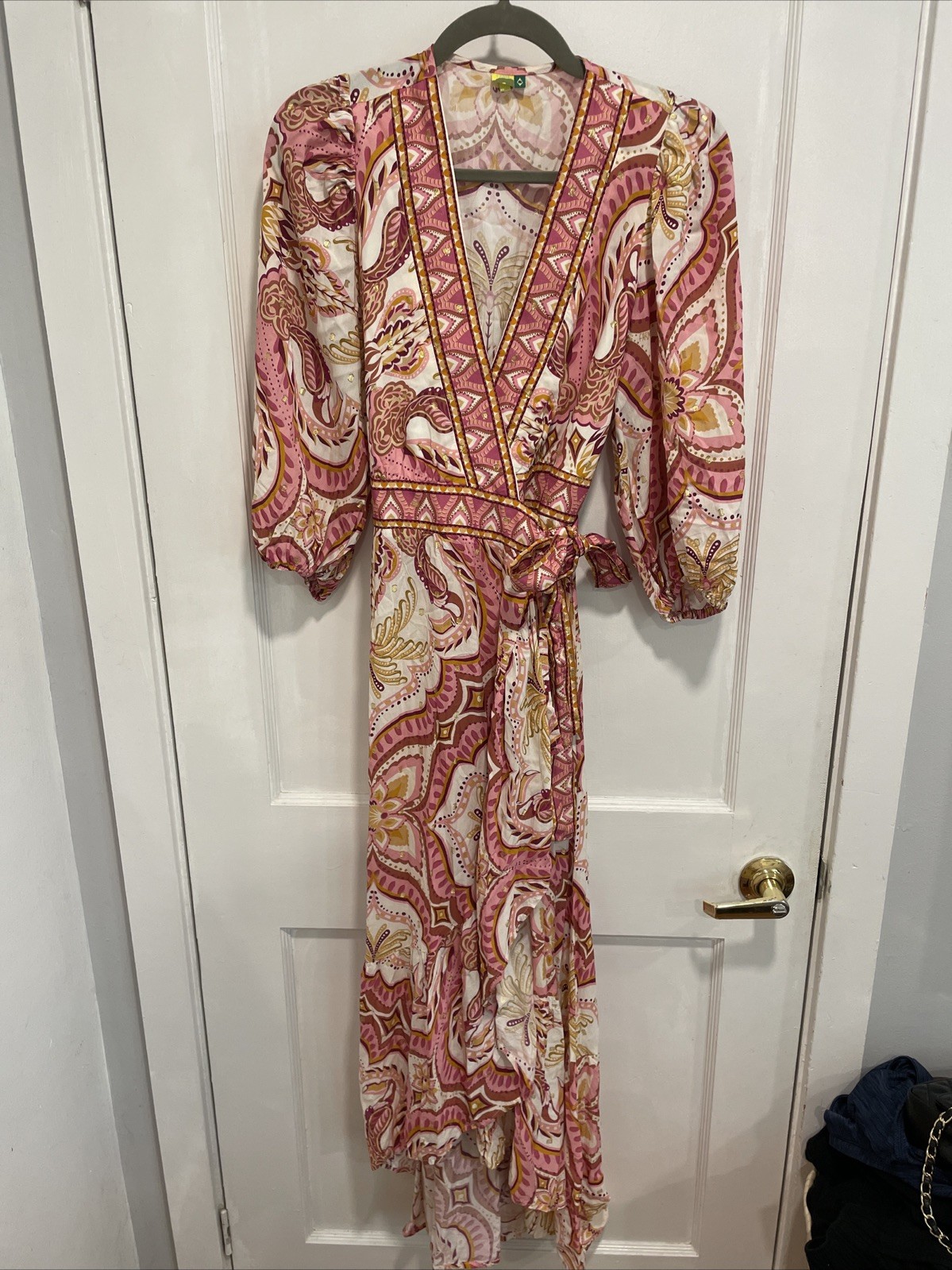 FARM Rio Brasil Pink Gold Wrap Maxi Dress XS Ruffle Puff Sleeve NWOT
