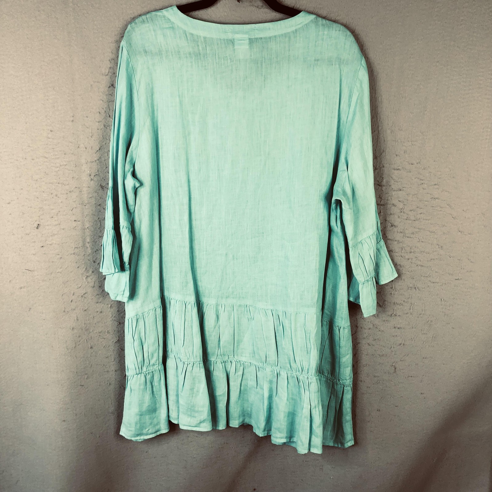 Camille & Co Dress Womens L Blue Linen Trapeze Swing Ruffle Hem Boho Feminine
