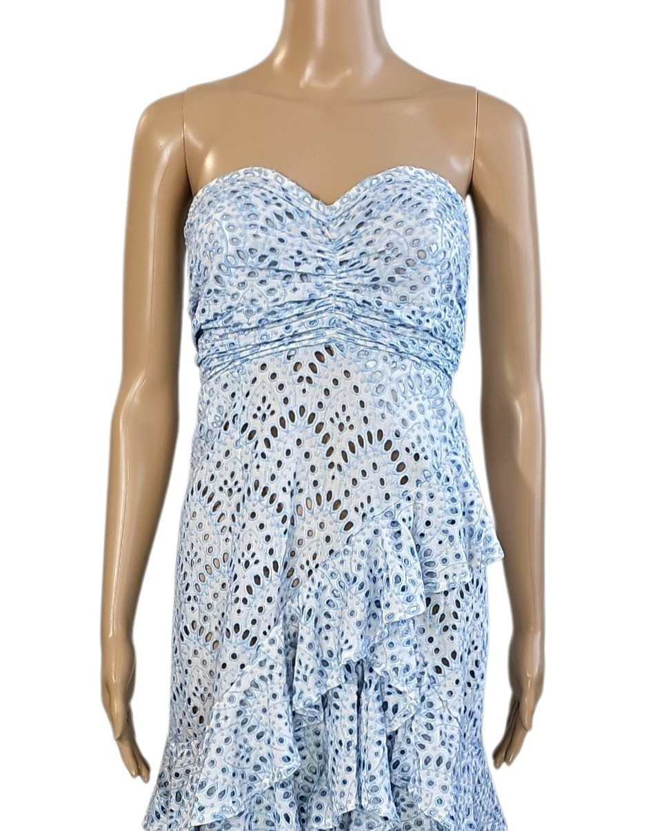 SUNDRESS Flavie Blue Eyelet Strapless Tiered Ruffle Midi Dress S $264